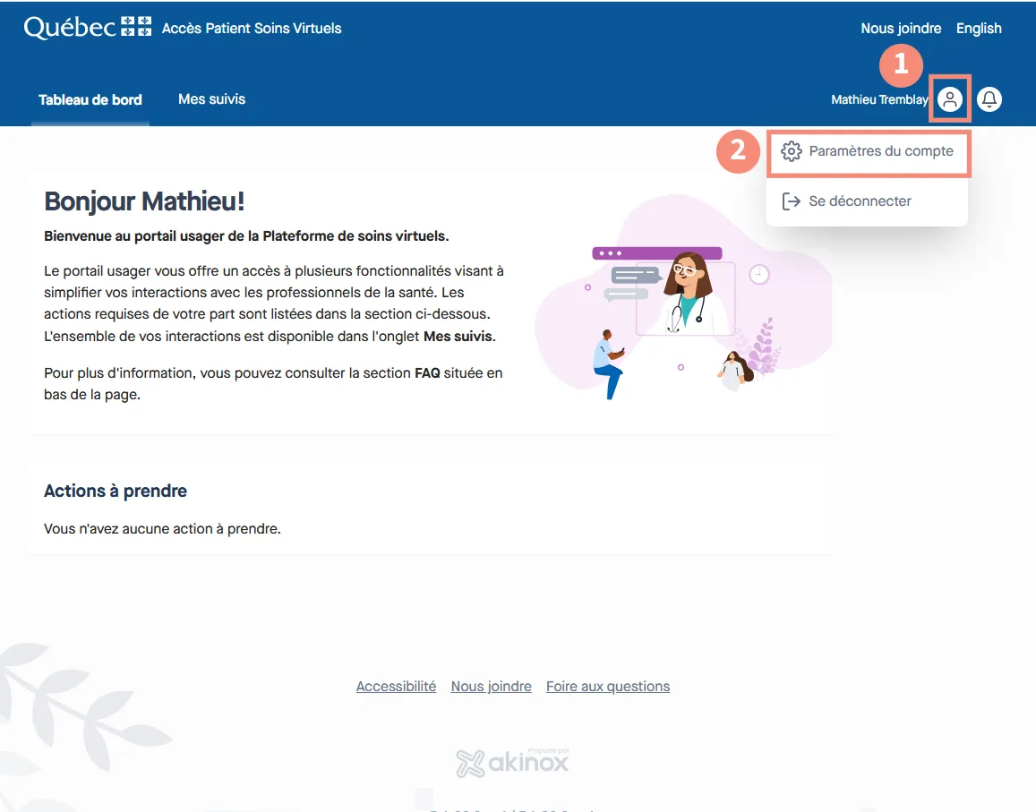 Emplacement des paramètres de compte dans le portail Accès Patient de la PSV sur ordinateur.